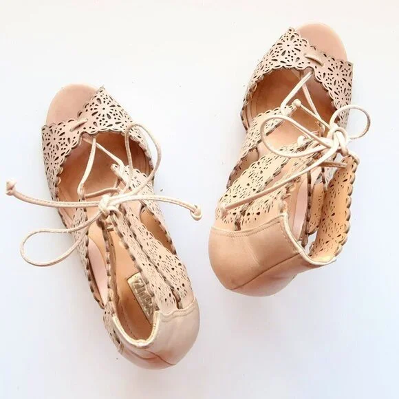 Schutz Tan Perforated Leather Heels Lace-up Peep Toe Summer Shoes Size 6.5 - Picture 15 of 16